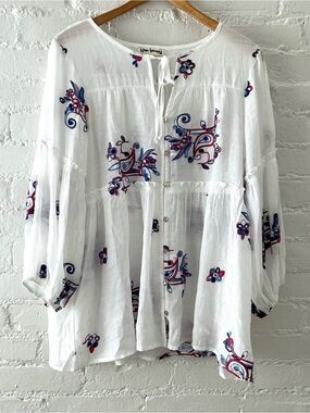 Hope Springs Flowy Boho Tiered Top Button Up Blue/Red Embroidered Flower Cottage